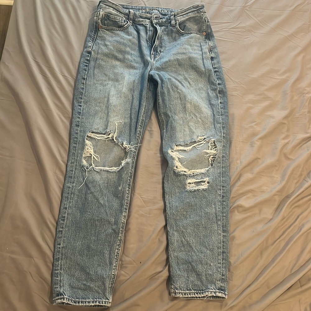 American Eagle Mom jeans, women’s size 8, regular length, ripped at the knees.